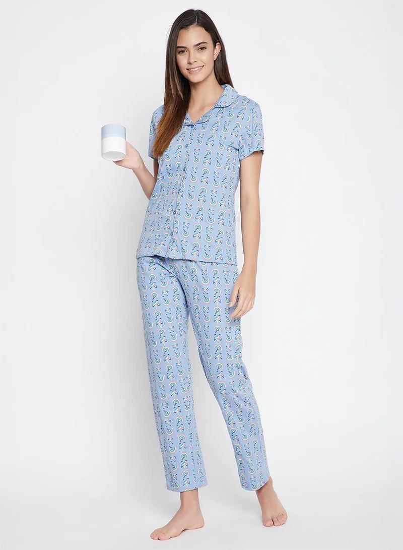 كلوفيا Floral Print Button Down Shirt & Pyjama Set in Lilac Colour - 100% Cotton